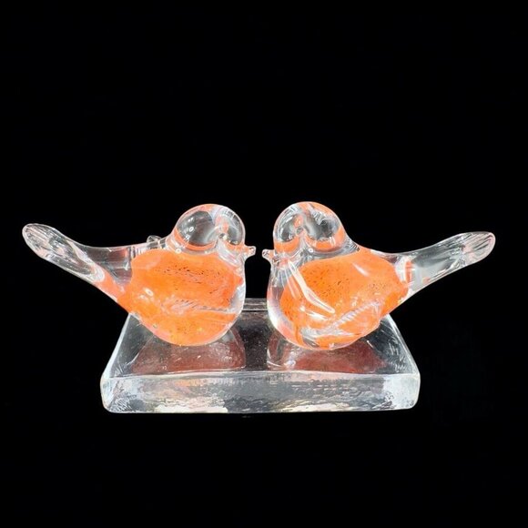 Vintage Murano ICET Hand Blown Glass Love Birds On Clear Block Sculpture Orange - Picture 3 of 14
